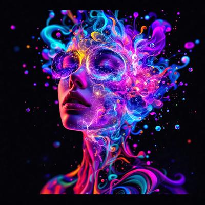 The primary subject of the image is a woman with a colorful, artistic appearance. She is wearing glasses and has a unique, vibrant look. The setting is a dark background, which contrasts with the woman's bright and colorful features. The visual style of the image is a combination of digital art and illustration, creating a striking and eye-catching portrait. The colors and mood of the image are predominantly bright and lively, with a focus on the woman's striking features and the